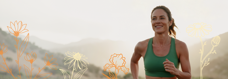 Smiling woman jogging outdoors at sunrise – herbal supplements for energy and vitality.