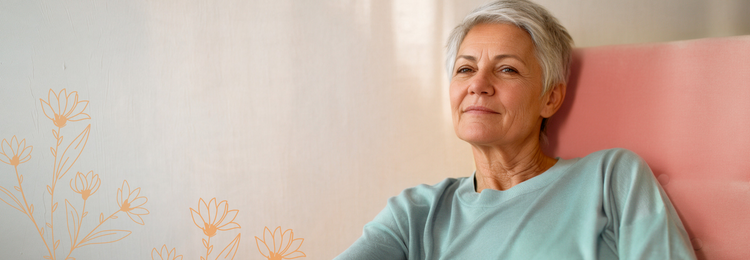 Calm older woman relaxing at home – herbal supplements for restful sleep.